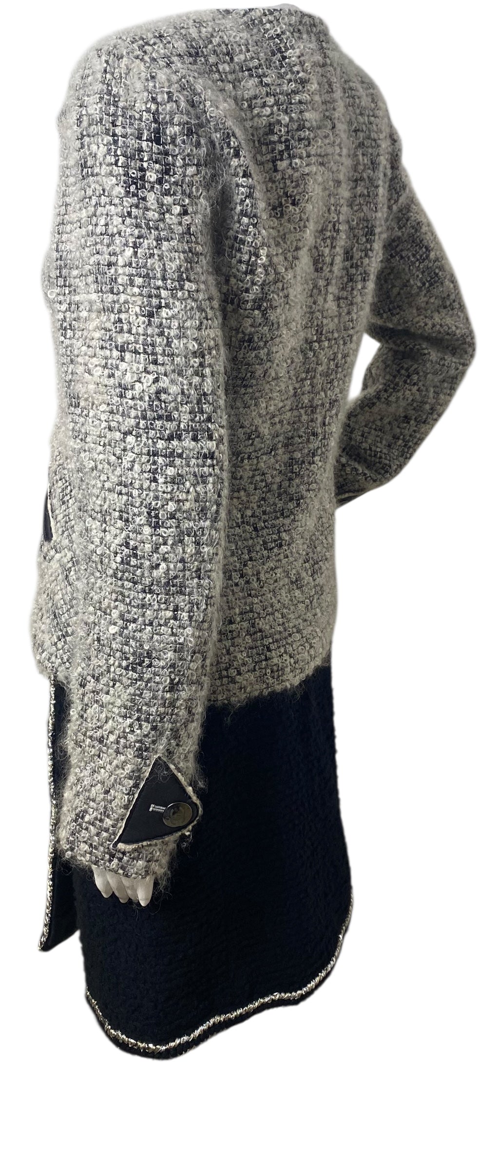 Chanel 10A Shanghai Shearling Tweed CC Grey Black Leather Trim Jacket Coat FR 36