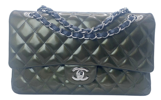 Chanel Medium Dark Green Straited Patent Leather Double Flap Timeless Classic Bag SHW