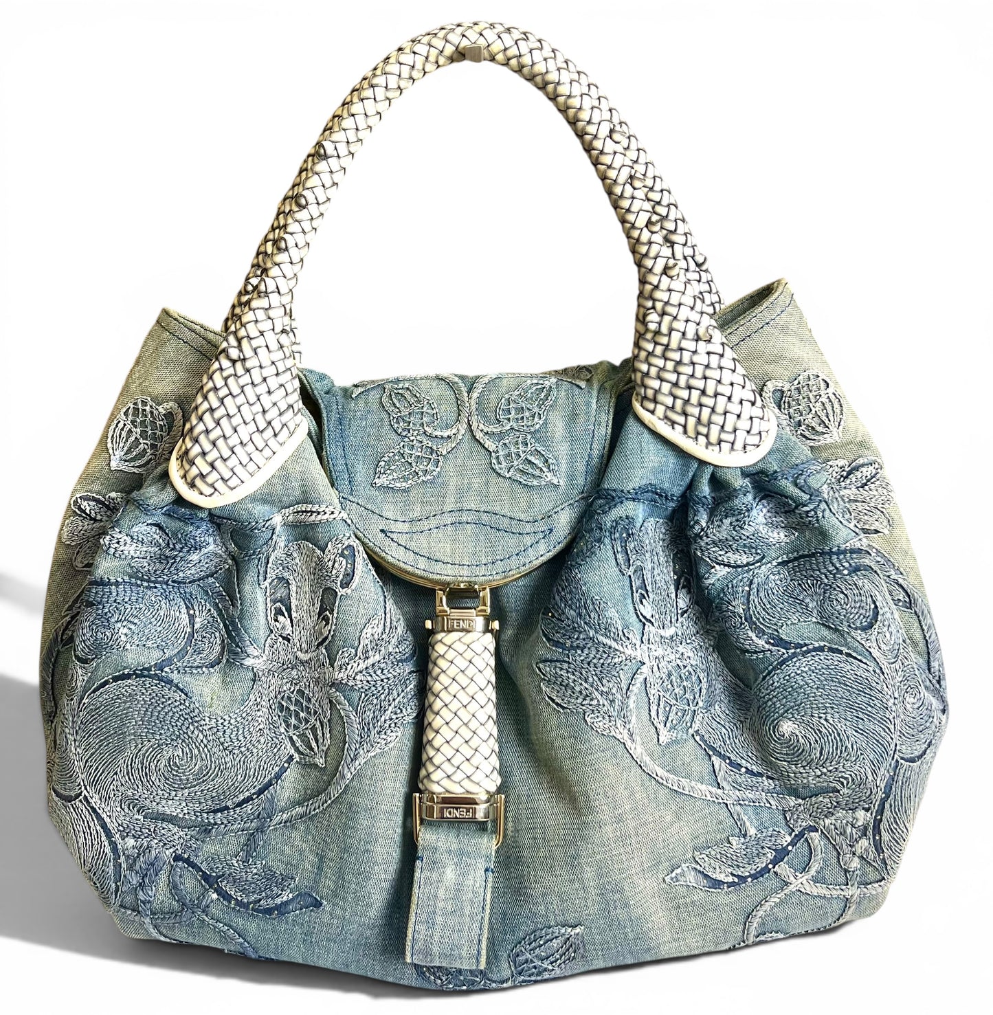 Vintage Fendi 2006 SS Limited Edition Blue Denim Squirrel Embroidered Spy Bag