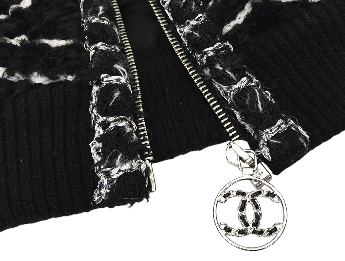 Chanel 19B Black Fuzzy Alpaca CC Zipper Bomber Jacket Coat FR 36