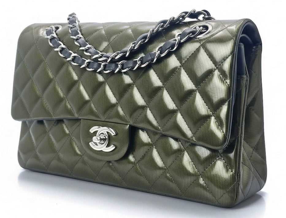 Chanel Medium Double Flap Green Straited Patent Leather Timeless Classic Bag SHW