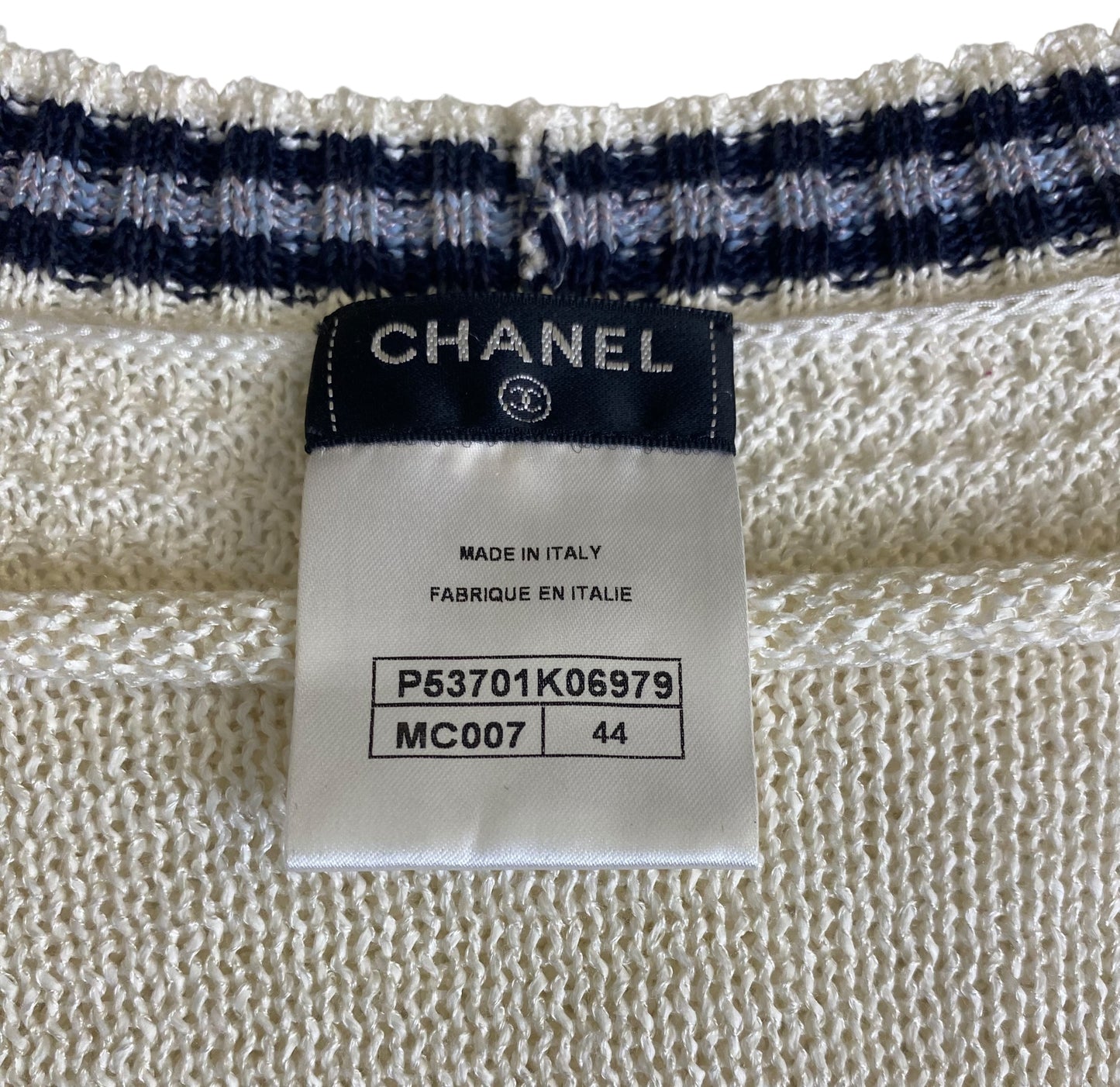 Chanel 14C Ecru Navy Black Varsity Knit Dress FR 44