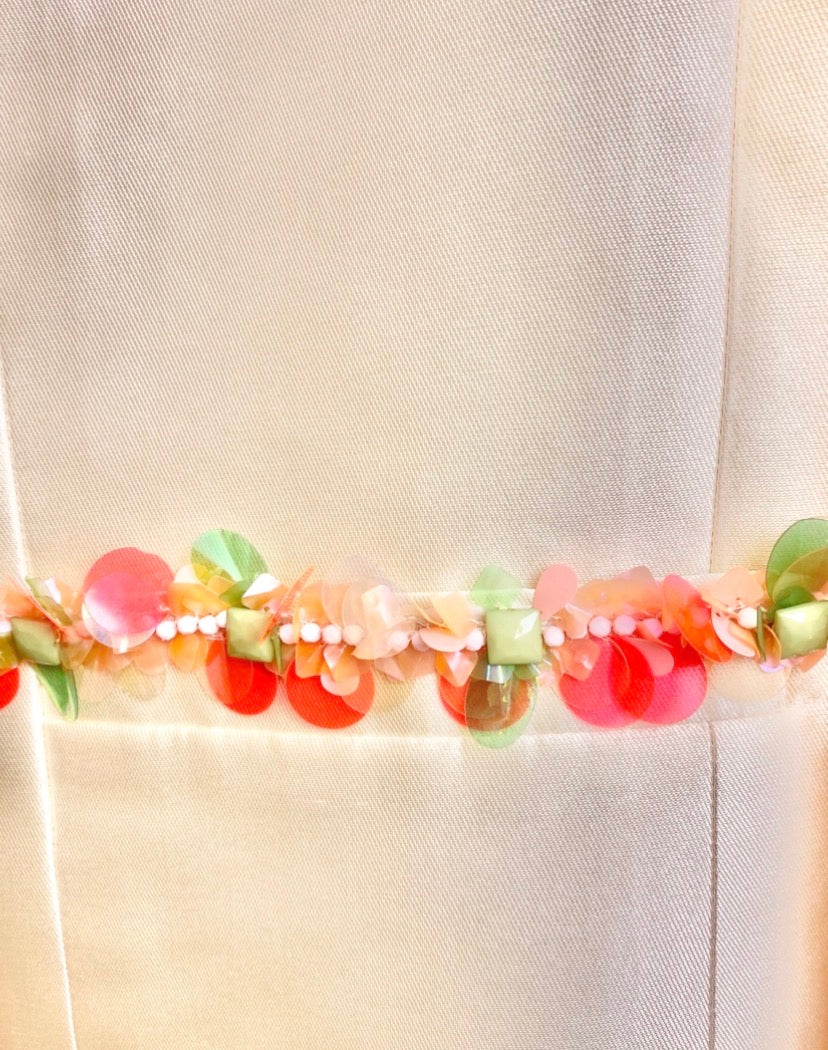 Vintage Chanel 96P Barbie Ivory Shantung Silk Sequin Beaded Pallets Jacket FR 42