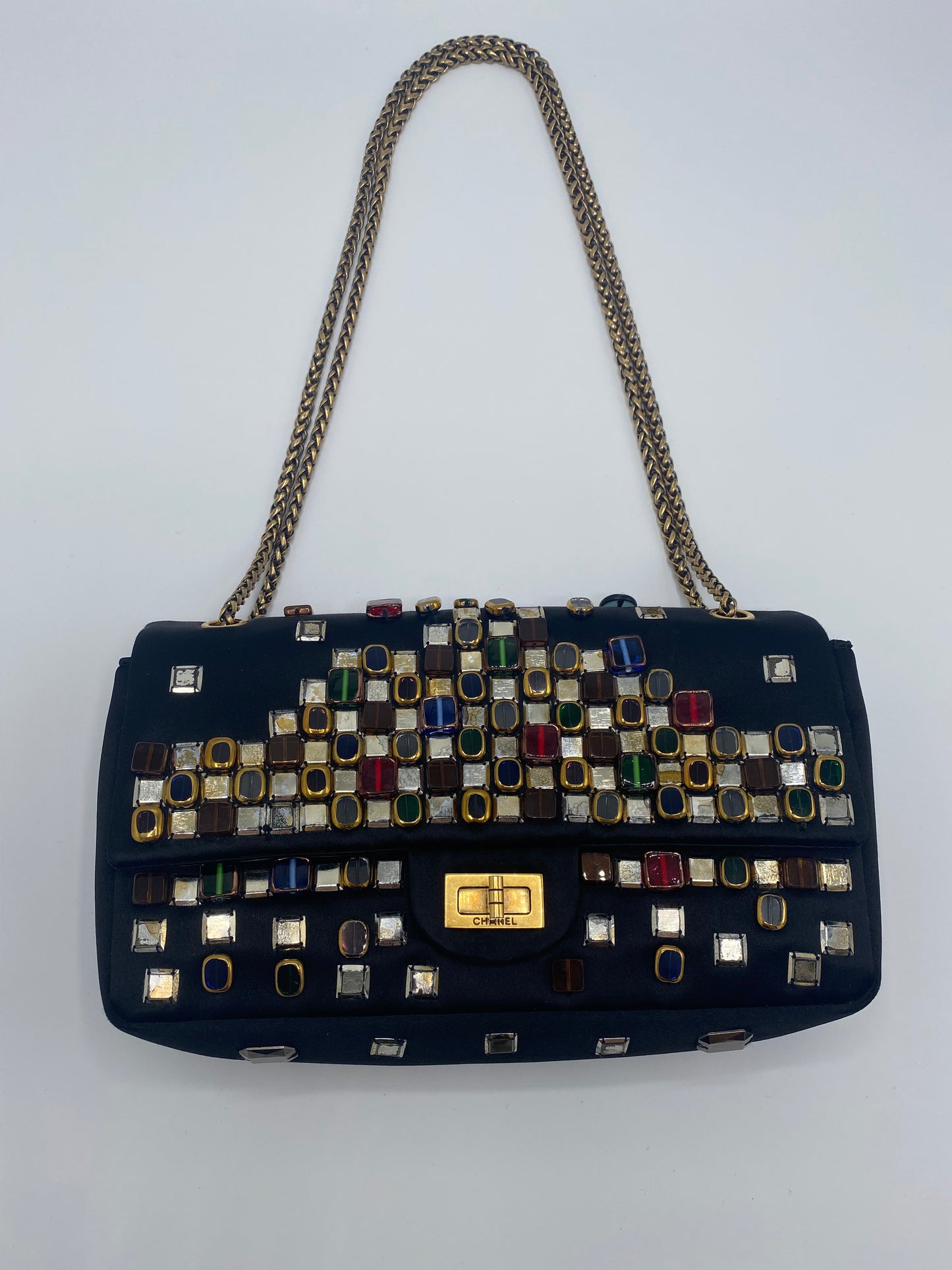 Chanel Limited Edition Paris Byzance Black Satin Gripoix 2.55 Reissue Medium Flap Bag