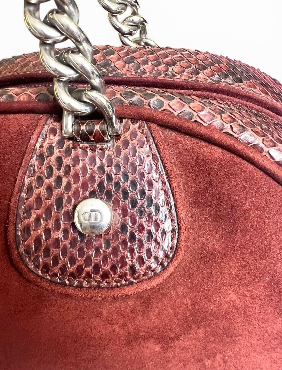 Rare Christian Dior Medium 2004 F/W Burgundy Suede Python Dice Gambler Bowling Bag