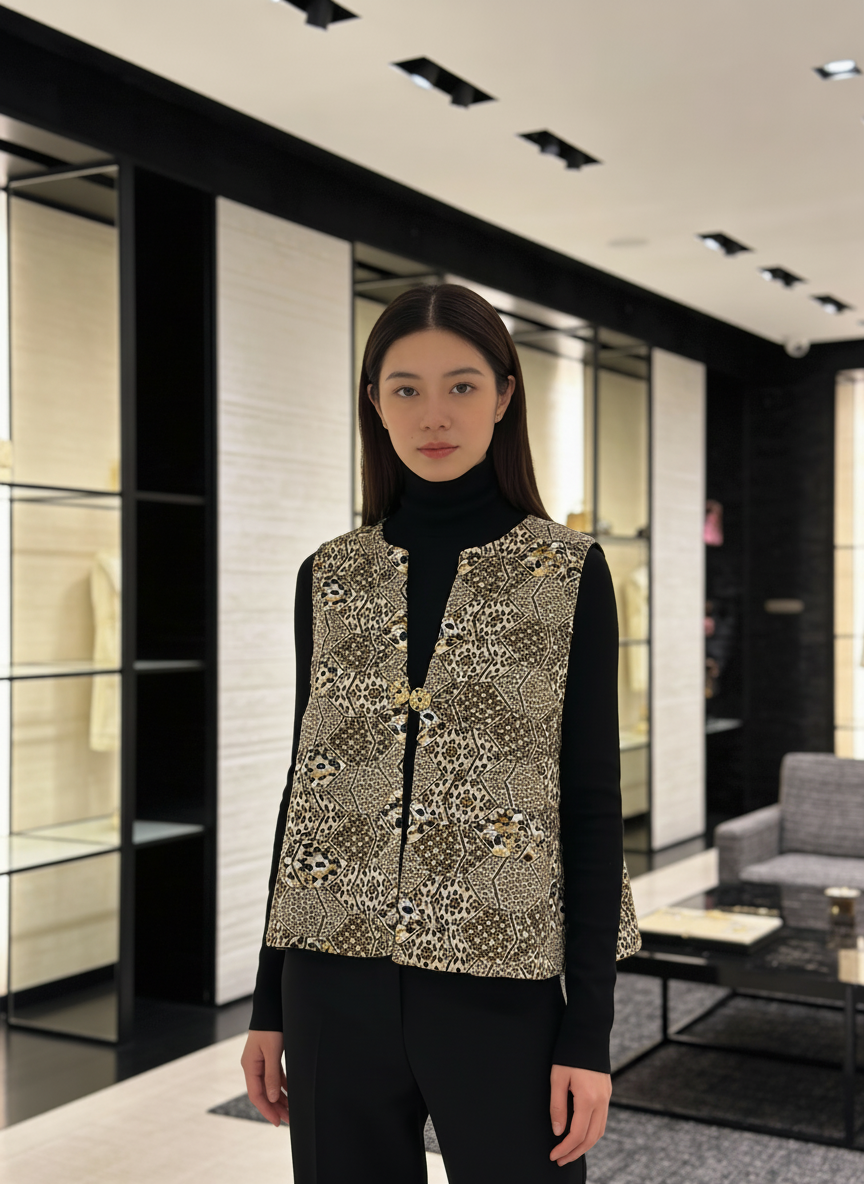 Chanel 15C Dubai Runway Geometric Animal Print Metallic Waistcoat Vest FR 40