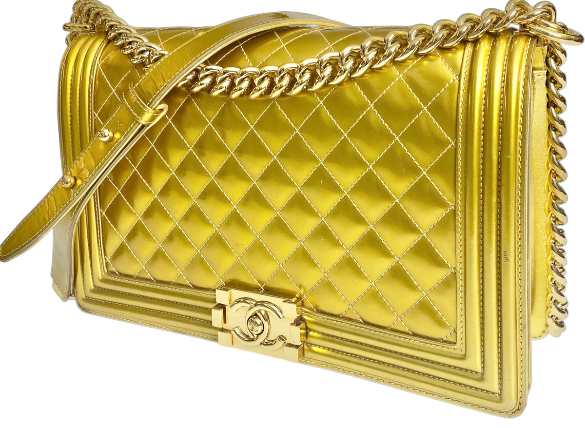 Chanel New Medium Boy Metallic Gold Patent Calfskin Leather GHW
