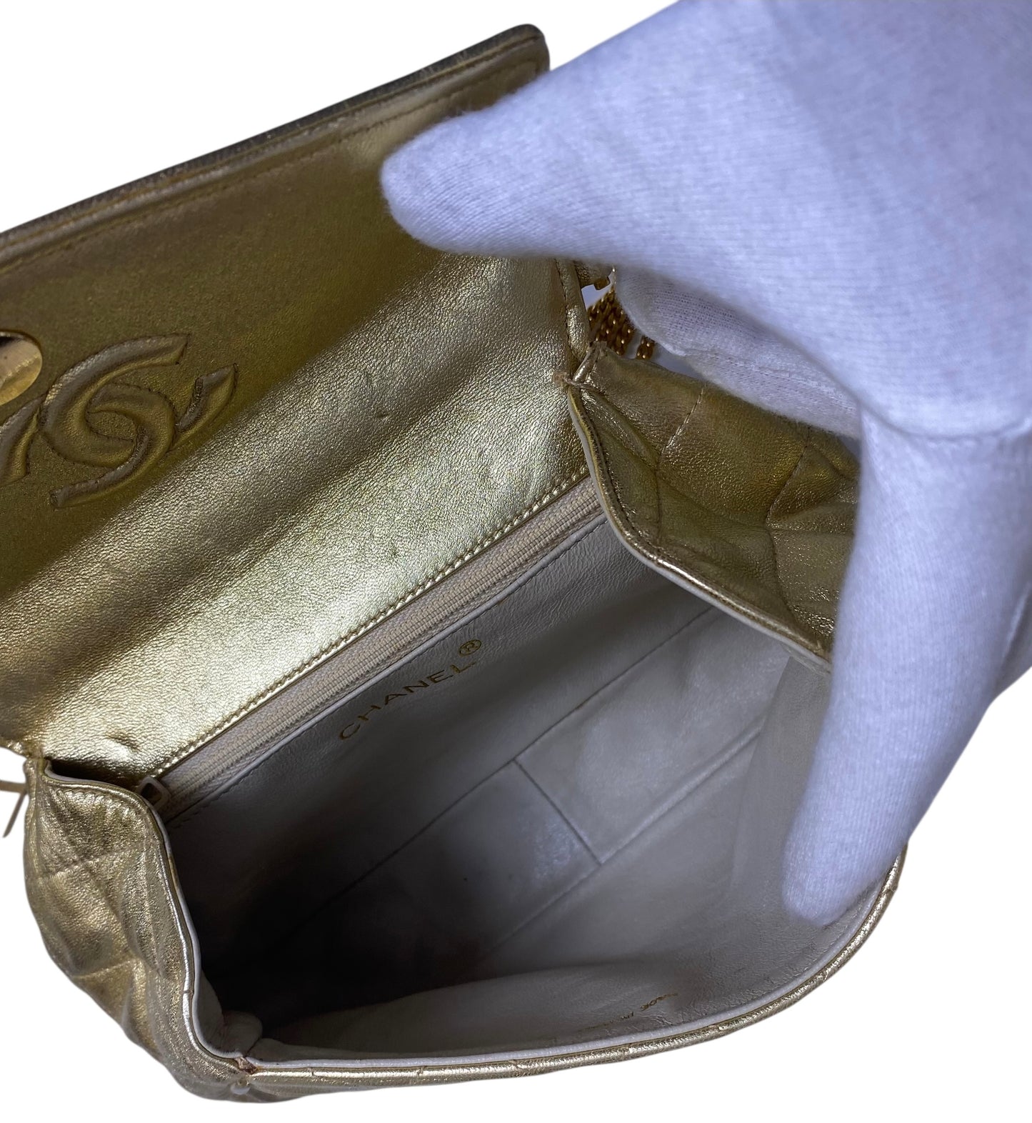 Rare 90’s Chanel Vintage Gold Quilted Lambskin Leather Multi Chain Jewelry Tassel Bag