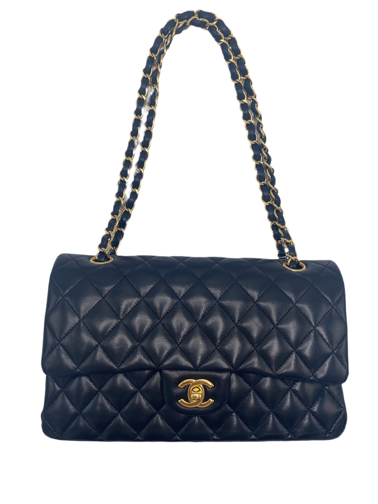 Chanel Classic Timeless Double Flap Medium Lambskin Black Shiny Gold Hardware