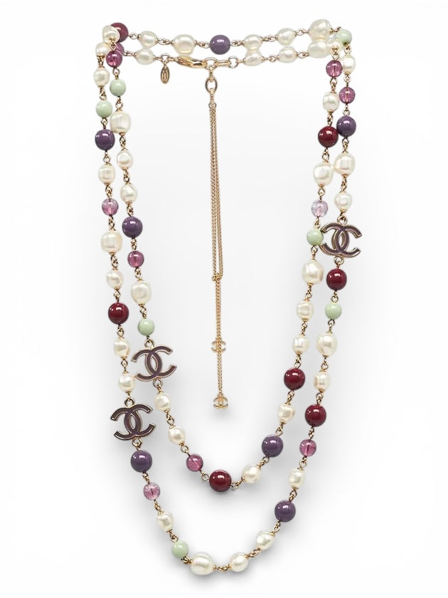 Chanel 11P Extra Long Strand CC Multicolor Necklace Gold Hardware