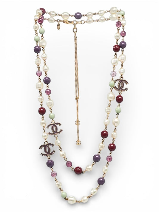 Chanel 11P Extra Long Strand CC Multicolor Necklace Gold Hardware
