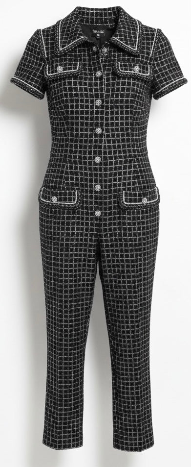 Chanel 20S Black Metallic Silver Iridescent One Piece Jumpsuit FR 38