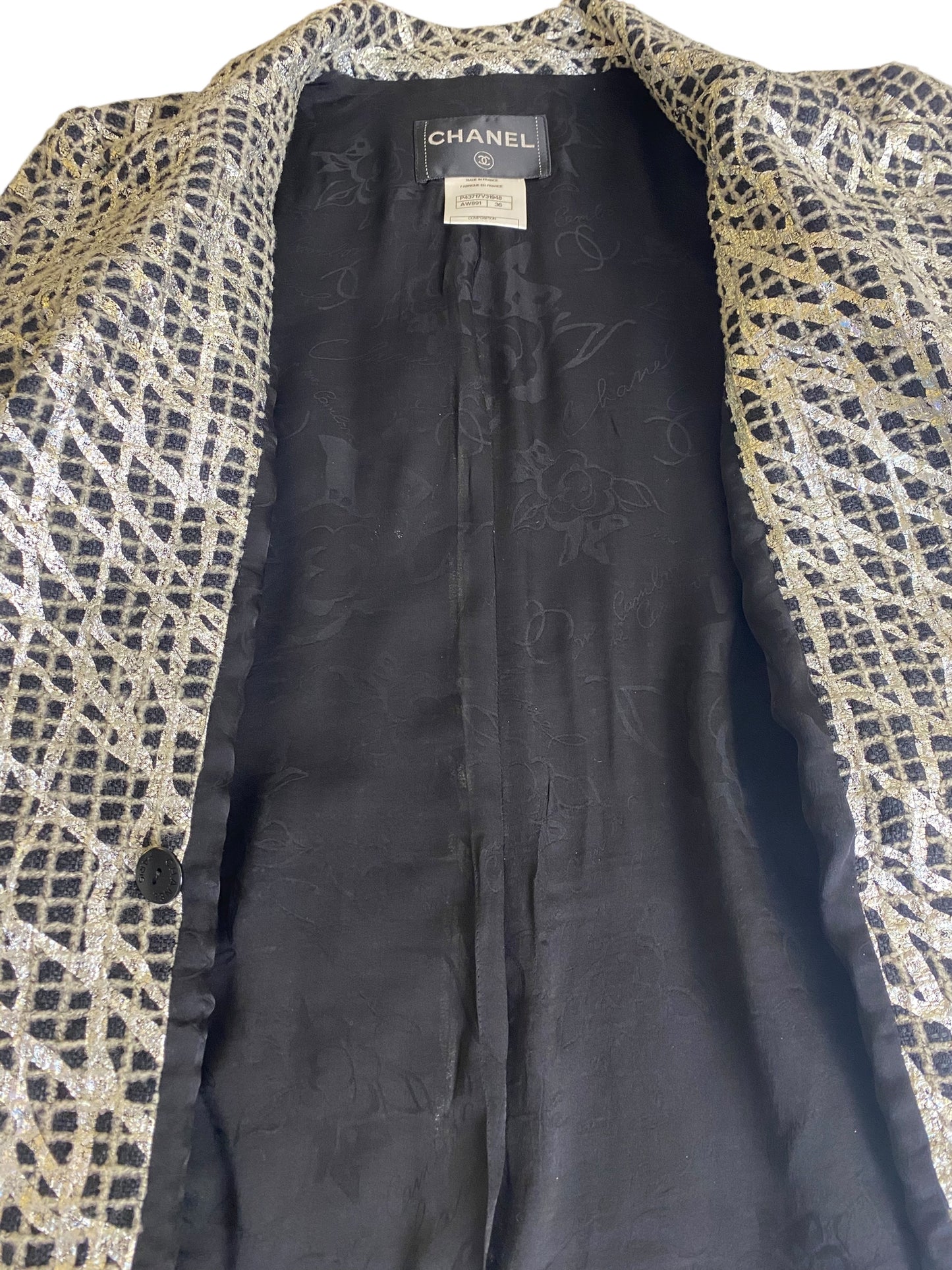 Chanel 12P Double Breasted Silver Metallic Graffiti Black Removable Pearls Jacket FR 36