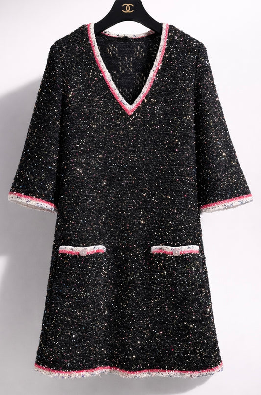 Chanel 24C Multicolor Black Pink White Knit Sequin Dress FR 40