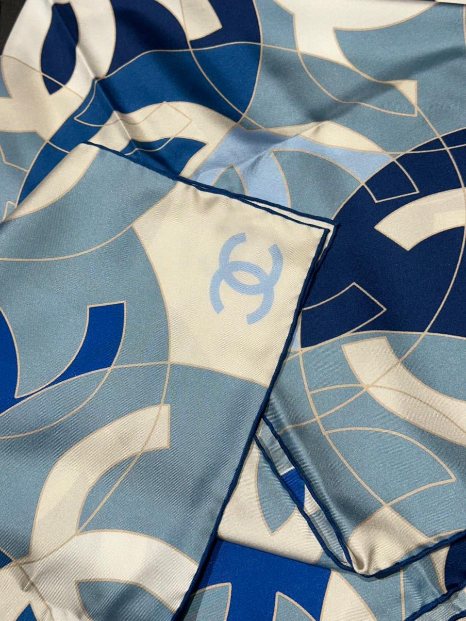 Chanel 2024 Large Blue CC Logo Silk Scarf