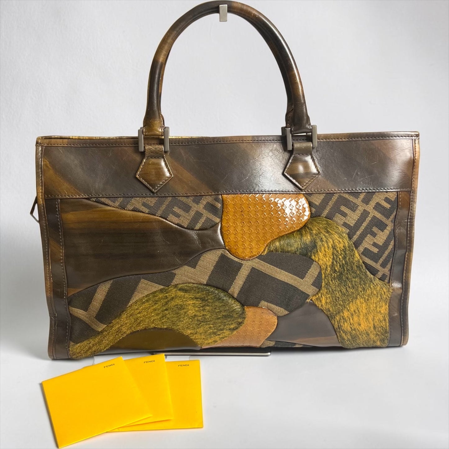 Rare Vintage Fendi Brown Zucca Leather Pony hair Canvas Patchwork Tote Bag