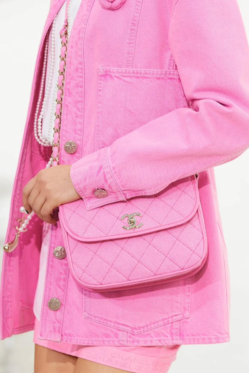 Chanel 21S Two Camellia Bright Neon Pink Denim Jacket FR 36