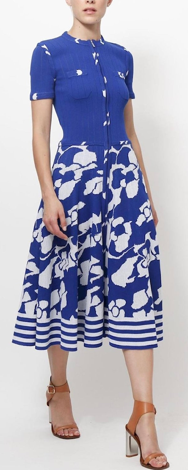 Chanel Airlines 2016 Runway Knit Midi Dress Baby Blue White Zipper Crew Neck FR 42