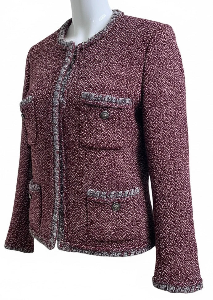 CHANEL 08A BURGUNDY GREY BRAIDED TRIM TWEED JACKET BLAZER FR 38