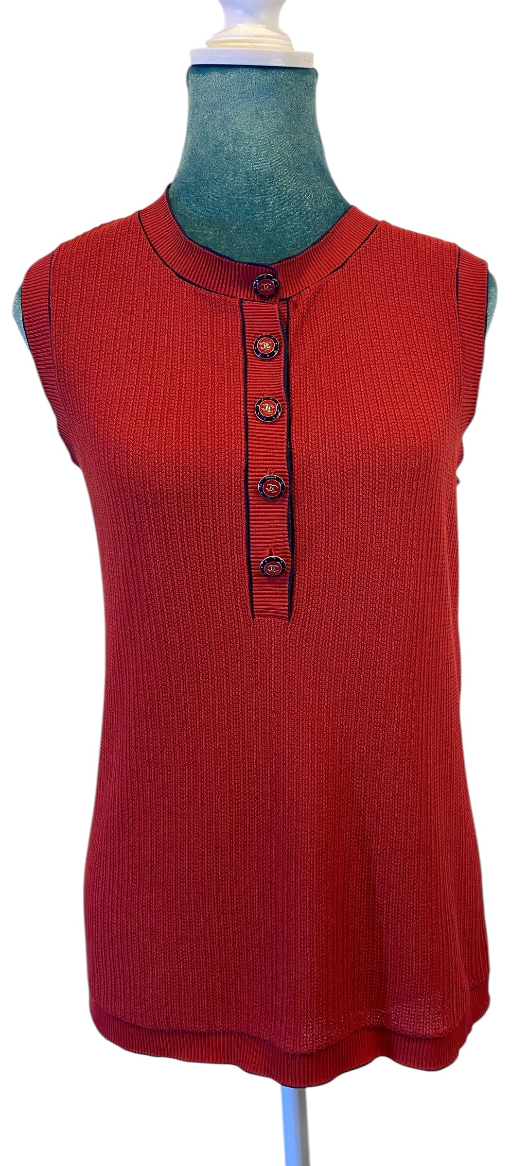 Chanel Red Navy Blue Cotton Knit Sleeveless Blouse FR 42