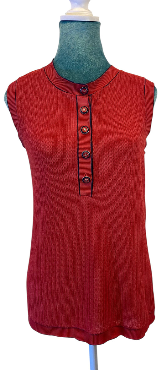 Chanel Red Navy Blue Cotton Knit Sleeveless Blouse FR 42