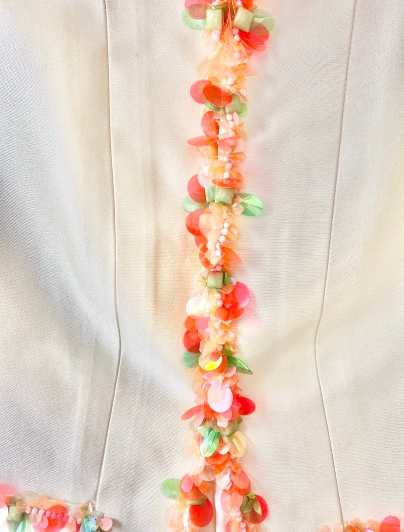 Vintage Chanel 96P Barbie Ivory Shantung Silk Sequin Beaded Pallets Jacket FR 42