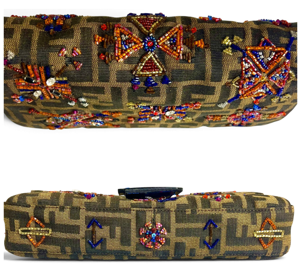 Fendi Vintage Blue Lizard Trimmed Embroidered Beaded Classic Zucca Baguette Bag