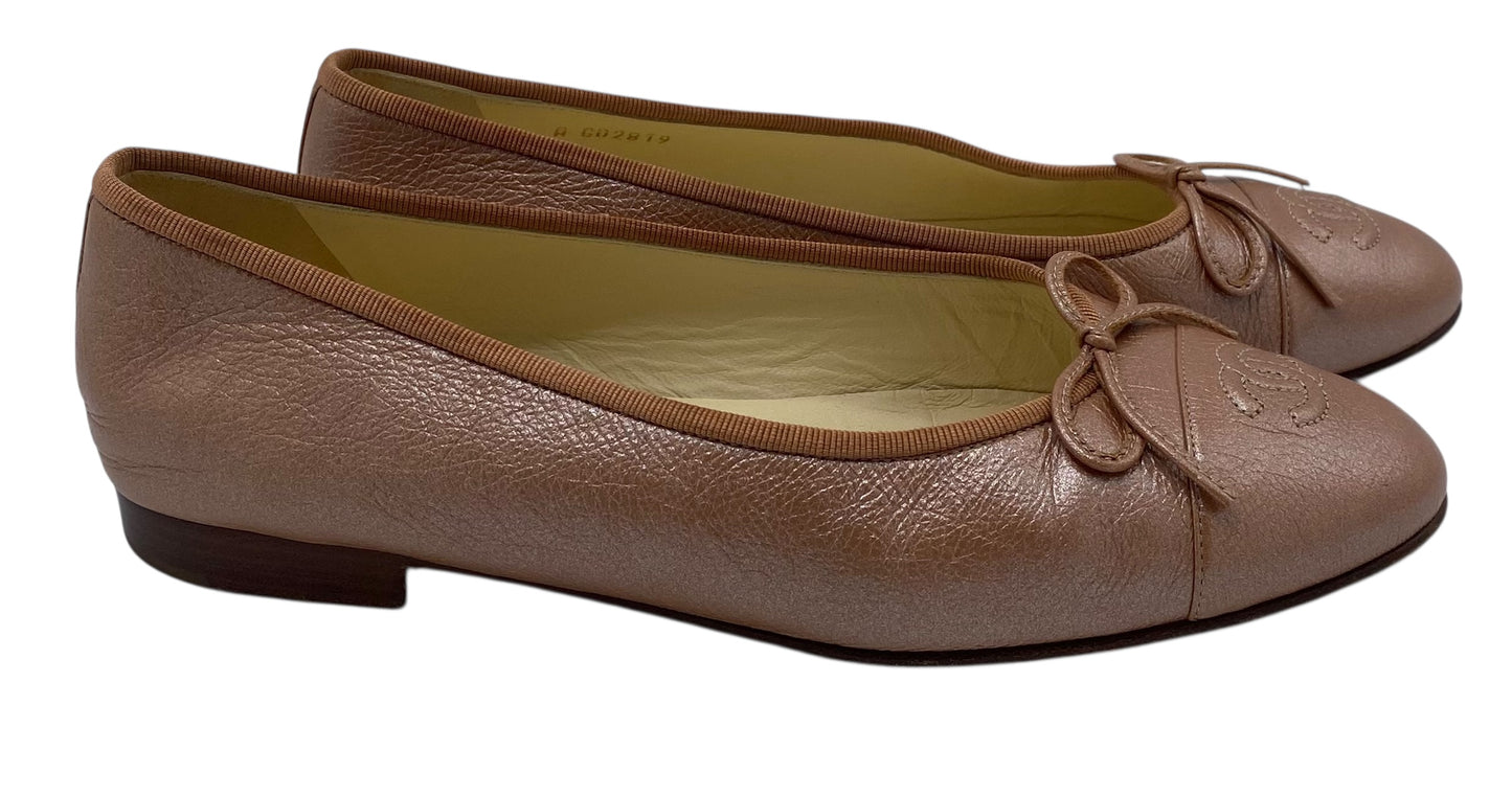 Chanel Rose Gold Leather CC Cap Toe Bow Ballet Flats EU 38C