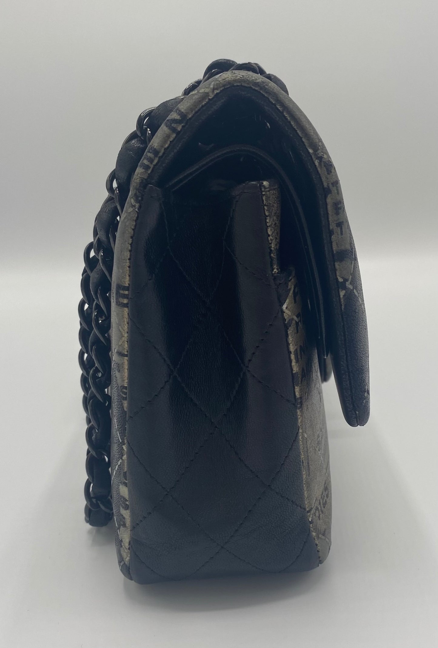 CHANEL 2015 GRAFFITI NEWSPAPER MEDIUM CLASSIC DOUBLE FLAP BAG SO BLACK