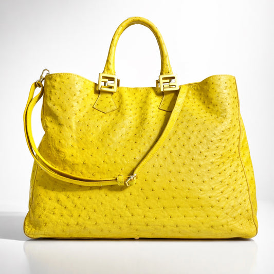 Rare Fendi Vintage Yellow Ostrich Twins Tote Gold Hardware