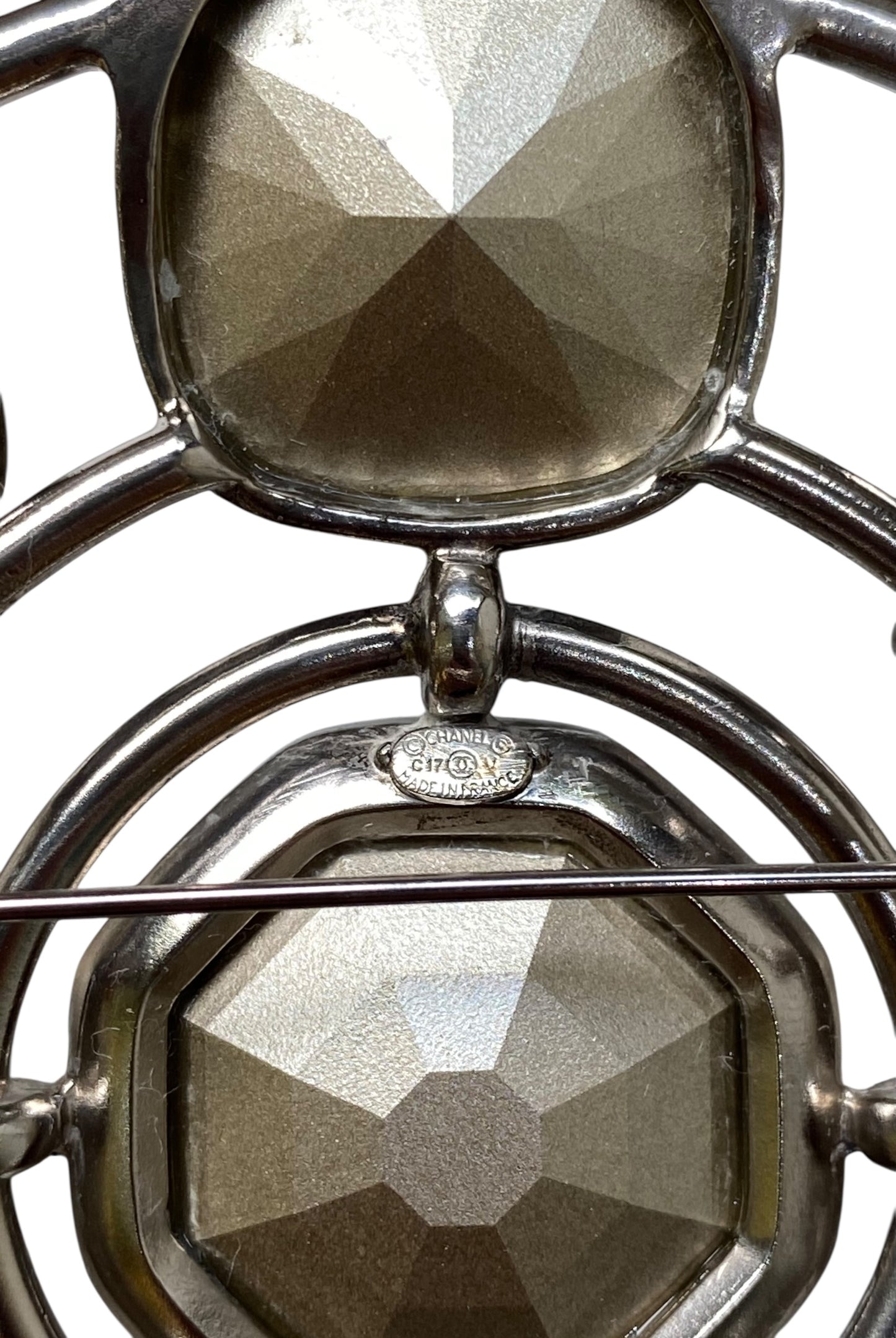 Chanel 17A Runway XL Round Swarovski Crystal Silver Brooch