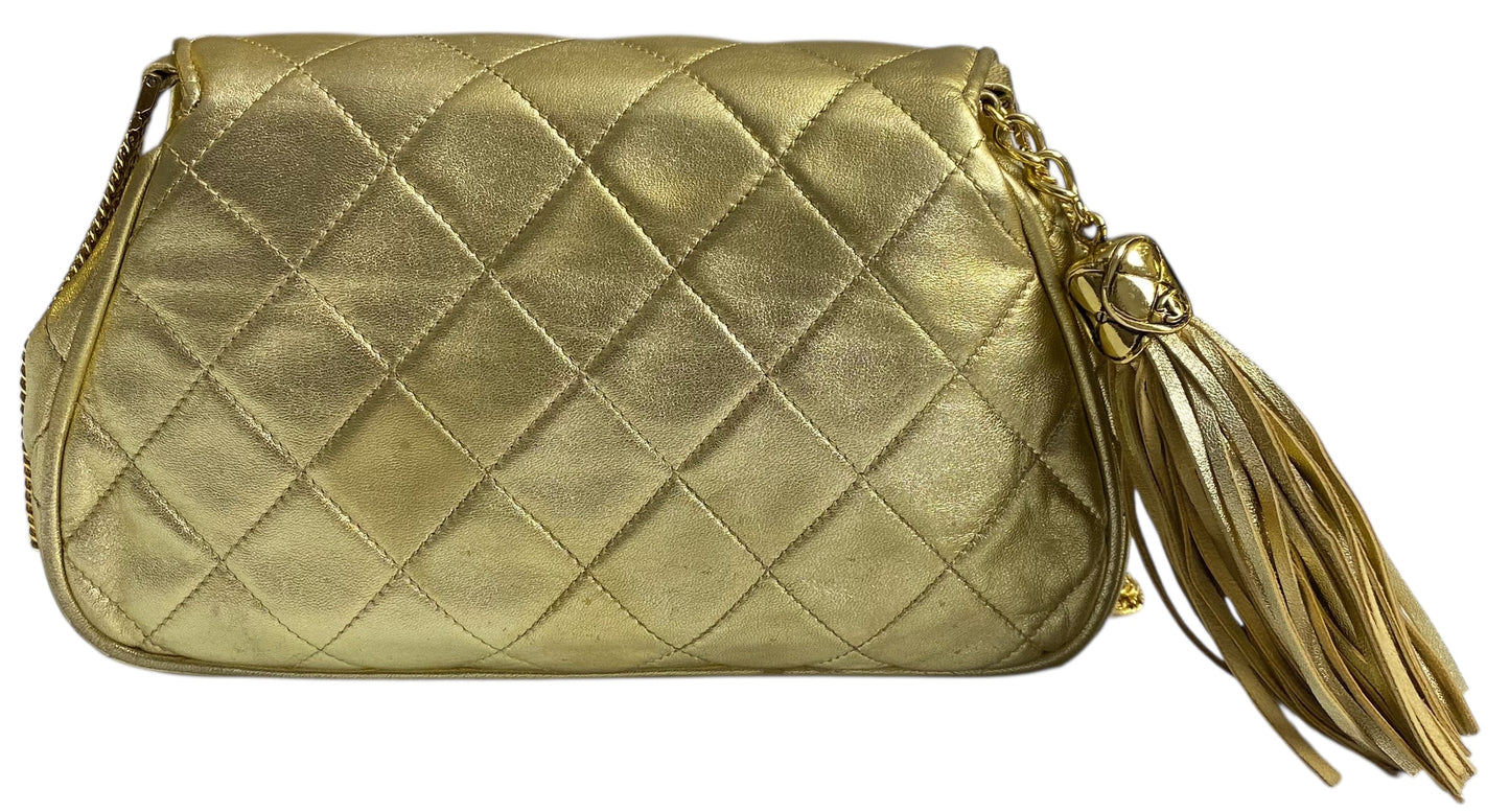 Rare 90’s Chanel Vintage Gold Quilted Lambskin Leather Multi Chain Jewelry Tassel Bag