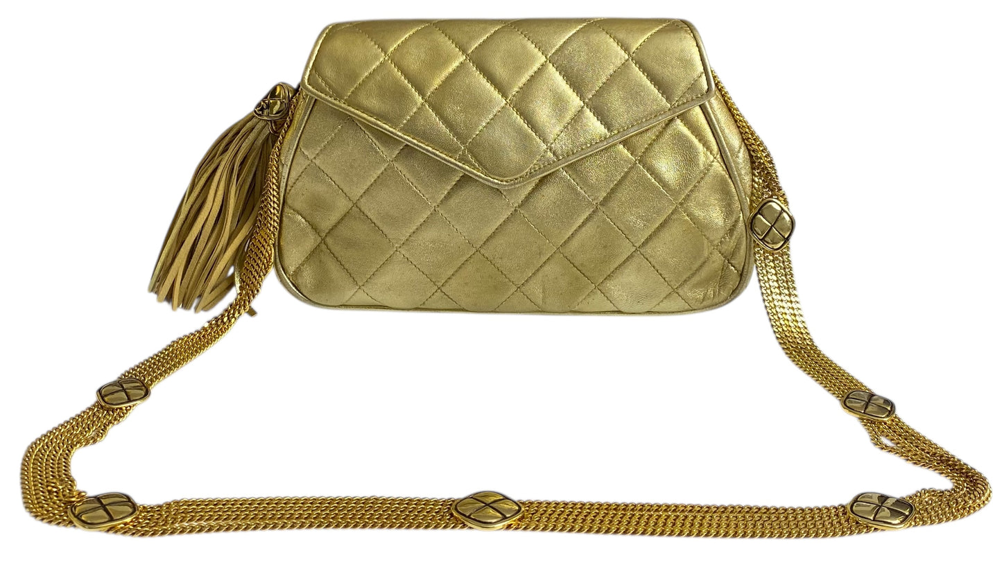 Rare 90’s Chanel Vintage Gold Quilted Lambskin Leather Multi Chain Jewelry Tassel Bag