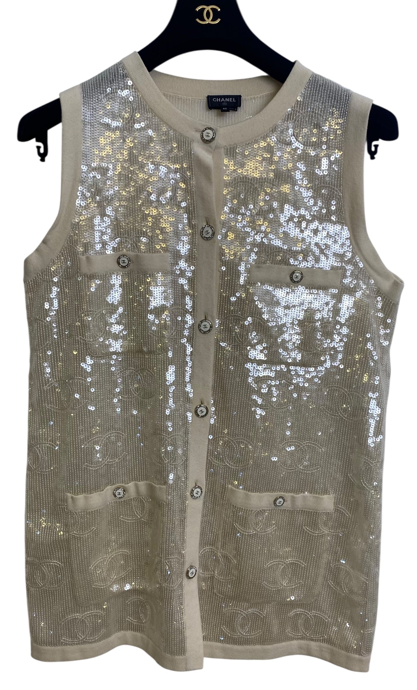 Rare Chanel 22S CC Sequin Cream Iridescent Vest Mini Dress Waistcoat Cardigan FR 40