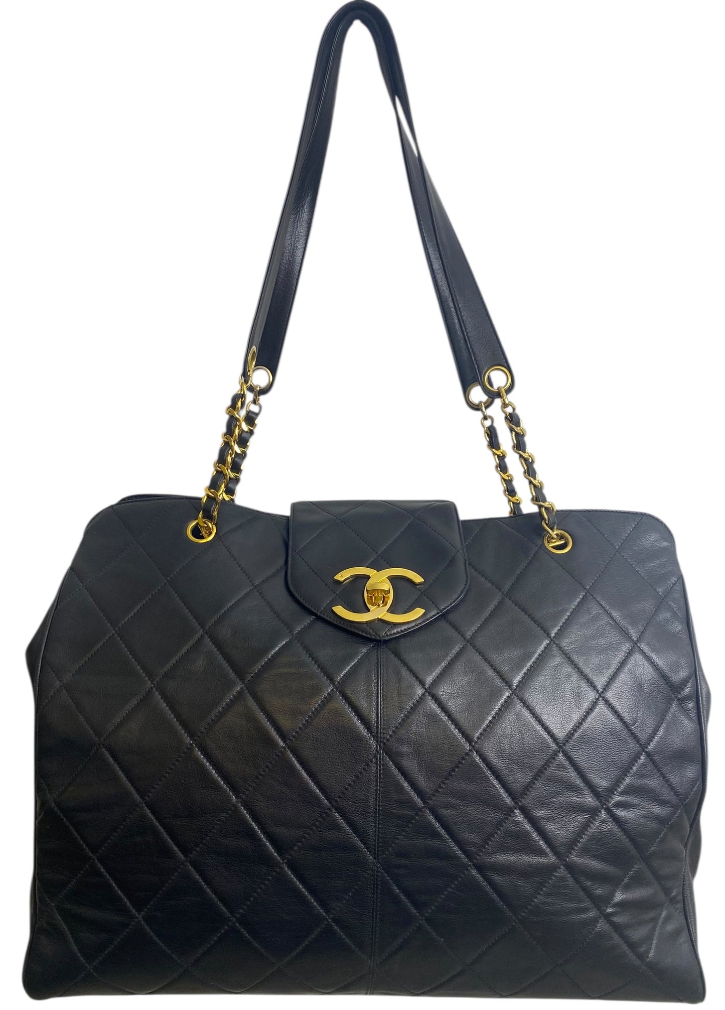 Chanel Vintage Supermodel 90’s Black XL Quilted Weekender Tote Bag 24K Gold Hardware