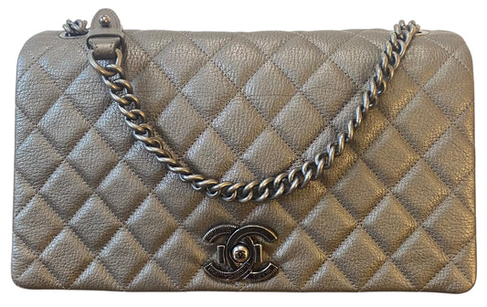Chanel City Rock Large Dark Grey Metallic Quilted Goatskin Flap Bag