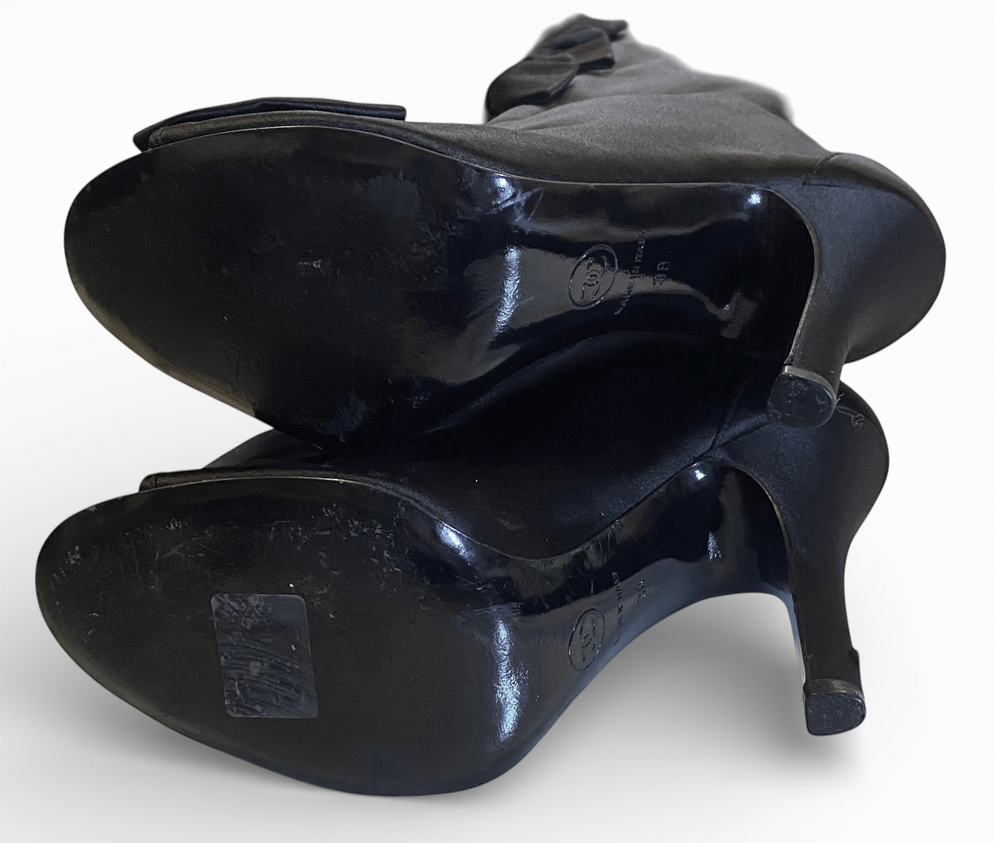 Rare Chanel 09P Black Satin CC Bow Mid Calf Peep Toe Booties Ankle Boot Heels FR 38