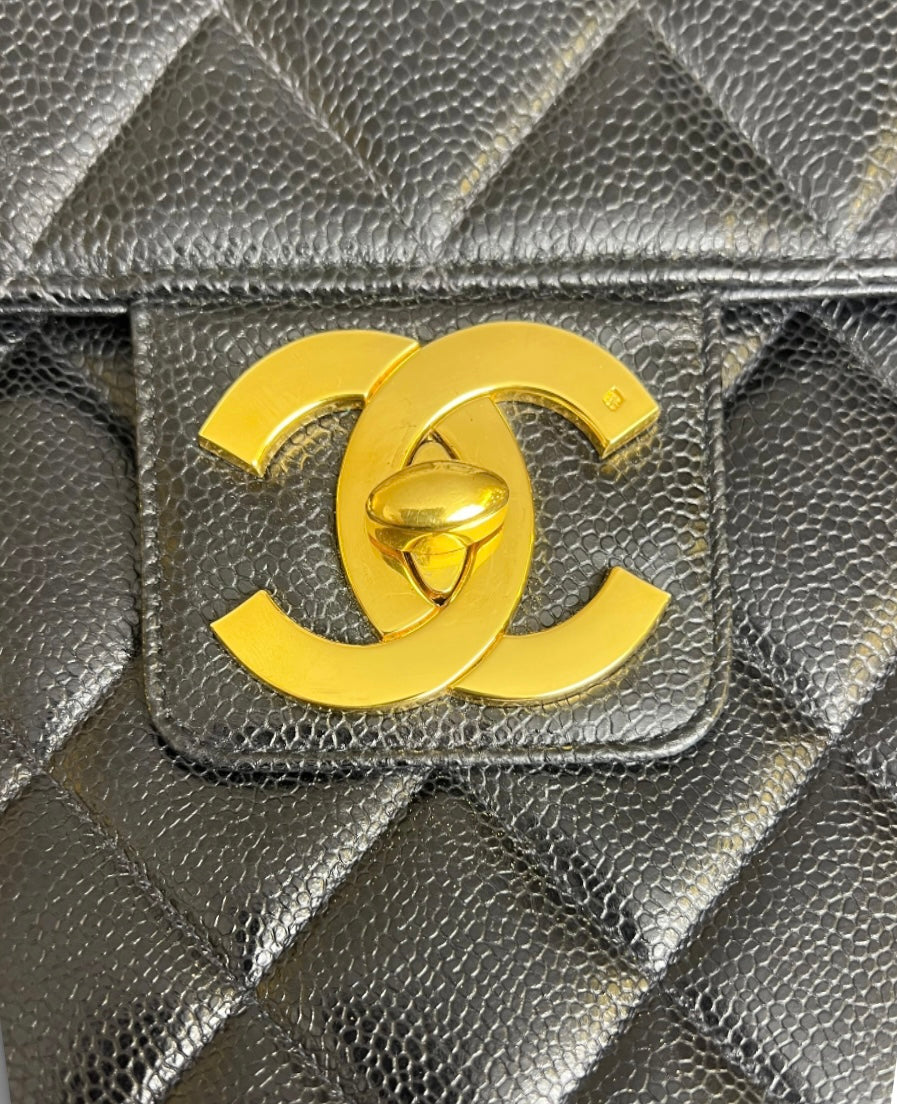 Vintage 90s Chanel XL Jumbo Black Caviar Quilted Classic Briefcase Bag 24K GHW
