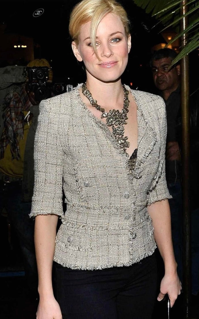 Chanel 10P Fantasy Tweed Beige Metallic Gold Jacket Skirt Suit Set FR 42/44