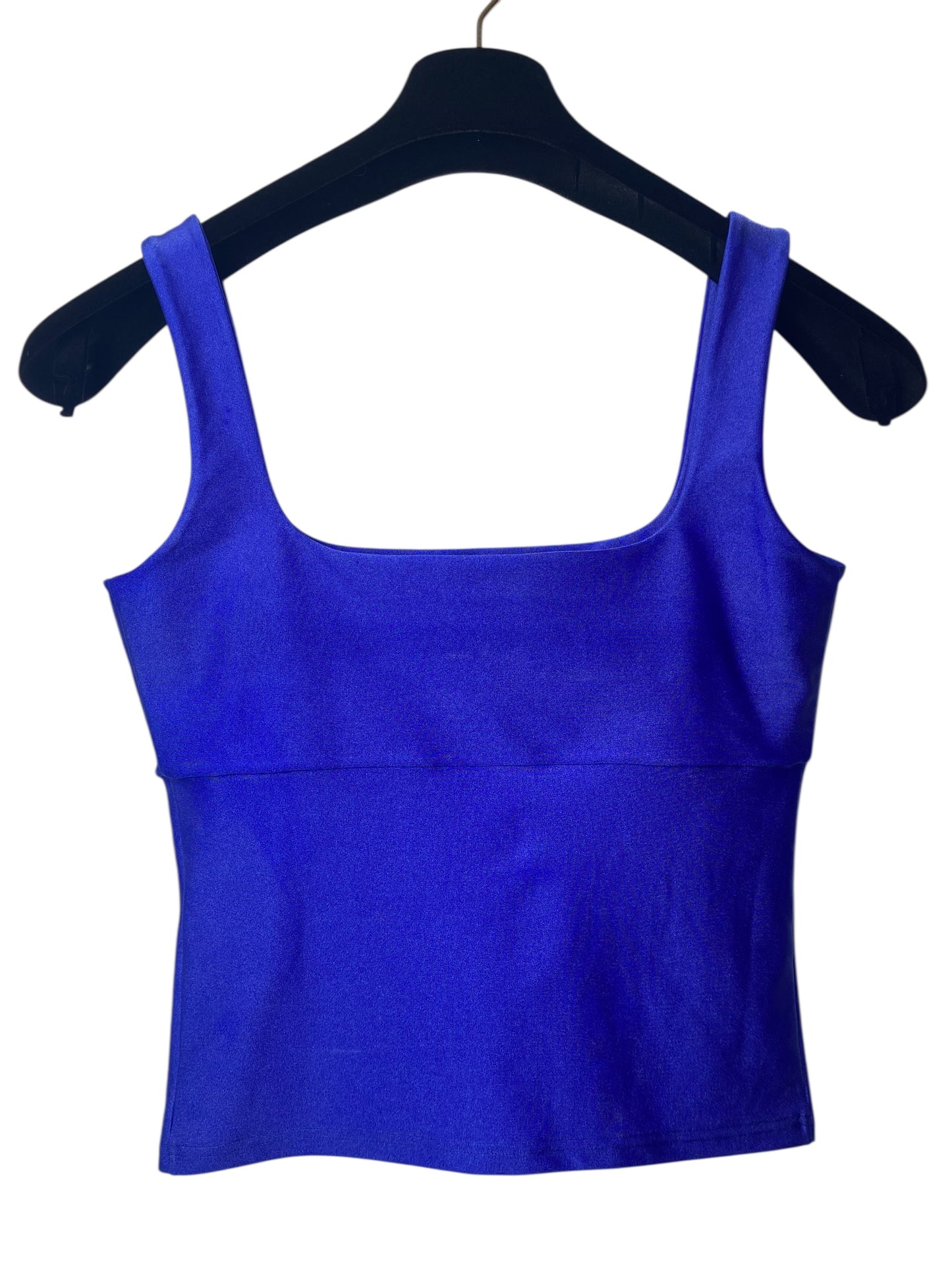 Chanel 21A Runway Royal Blue Sequin Logo Cropped Top Blouse FR 38