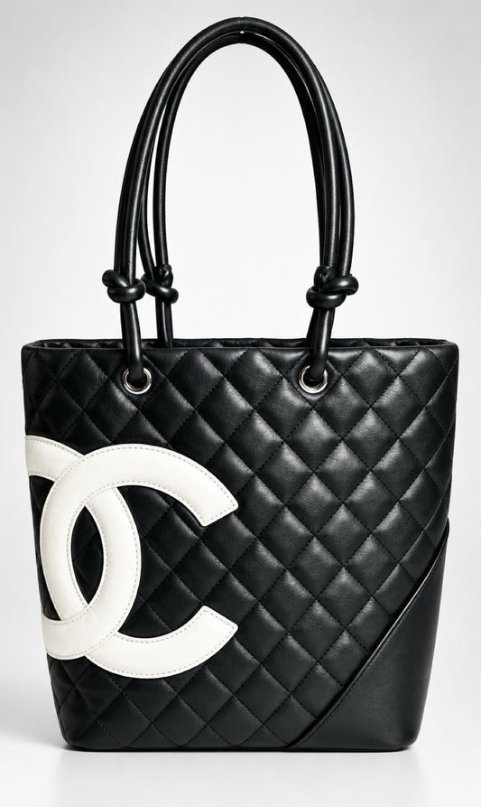 Chanel 2005 Black White Calfskin Quilted Medium Cambon Tote Bag