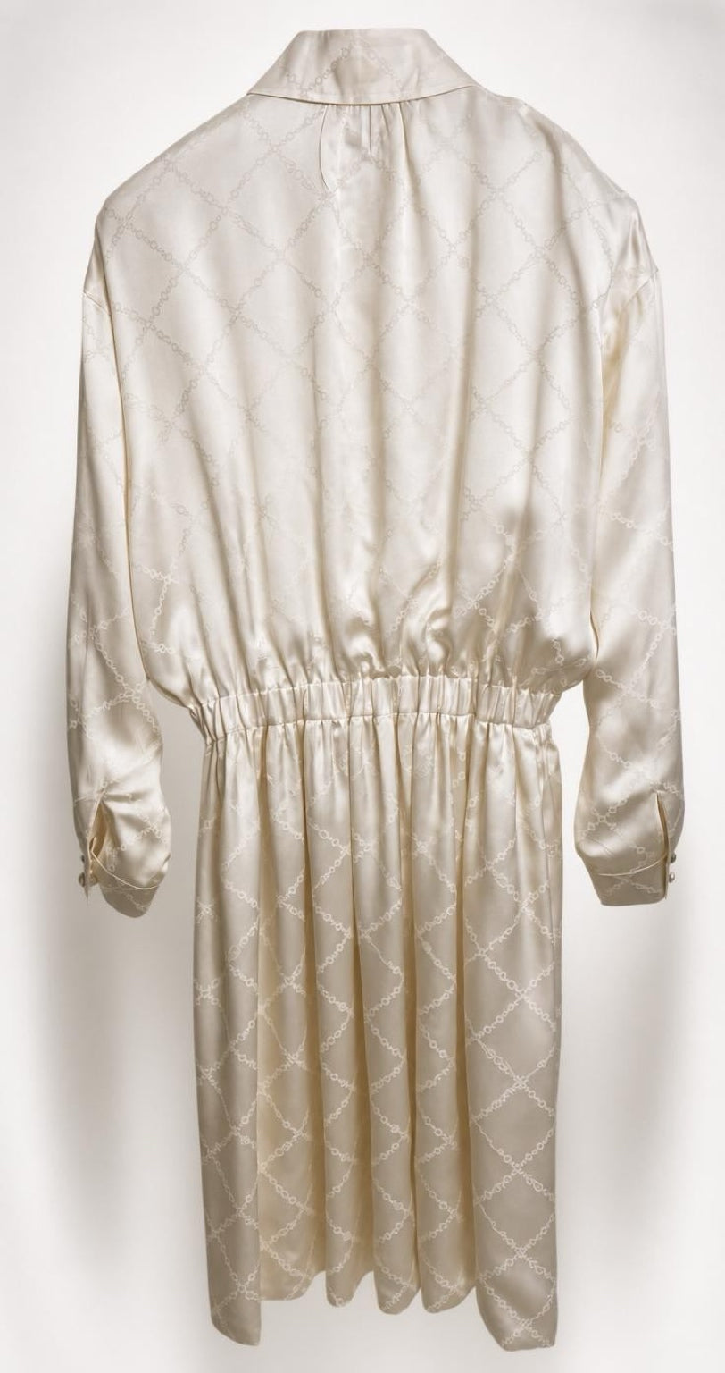 Chanel 23C Ecru Jacquard Silk CC Logo Velvet Bow Blouson Dress FR 40