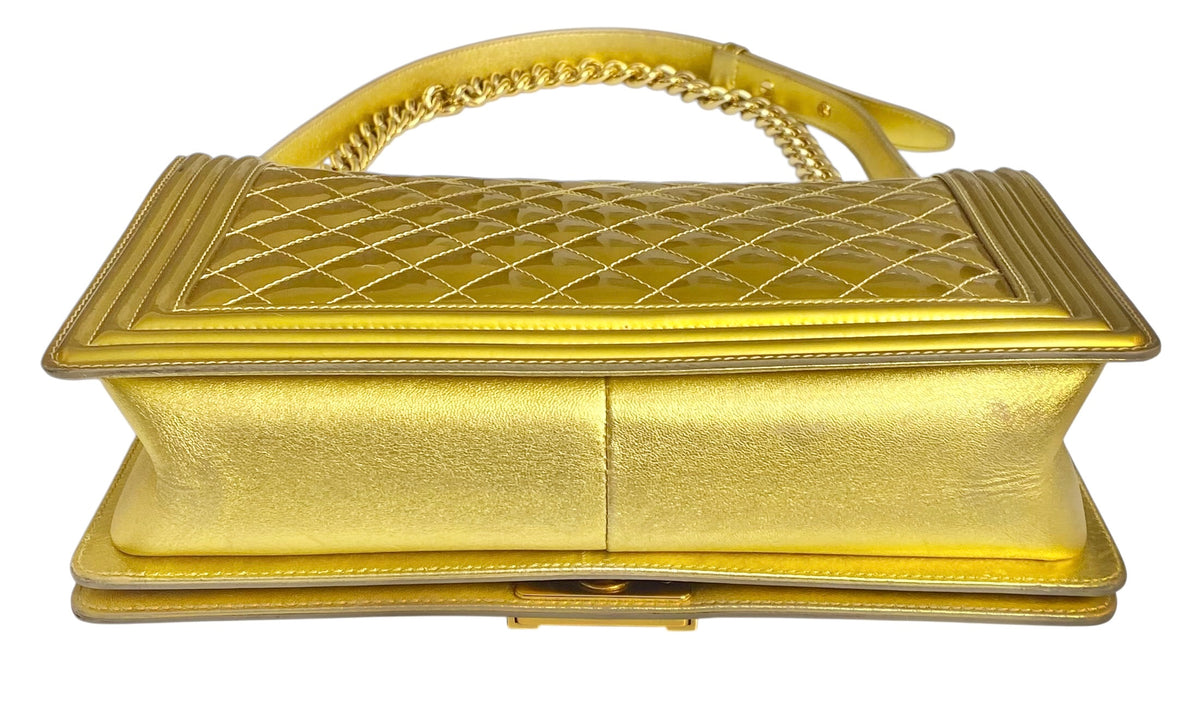 Chanel New Medium Boy Metallic Gold Patent Calfskin Leather GHW