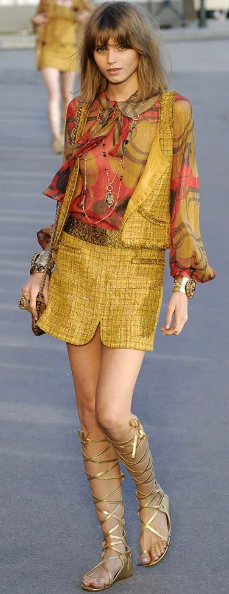 Chanel Iconic 11C Saint-Tropez Yellow Multicolor Tweed Gripoix Waistcoat Vest FR 40