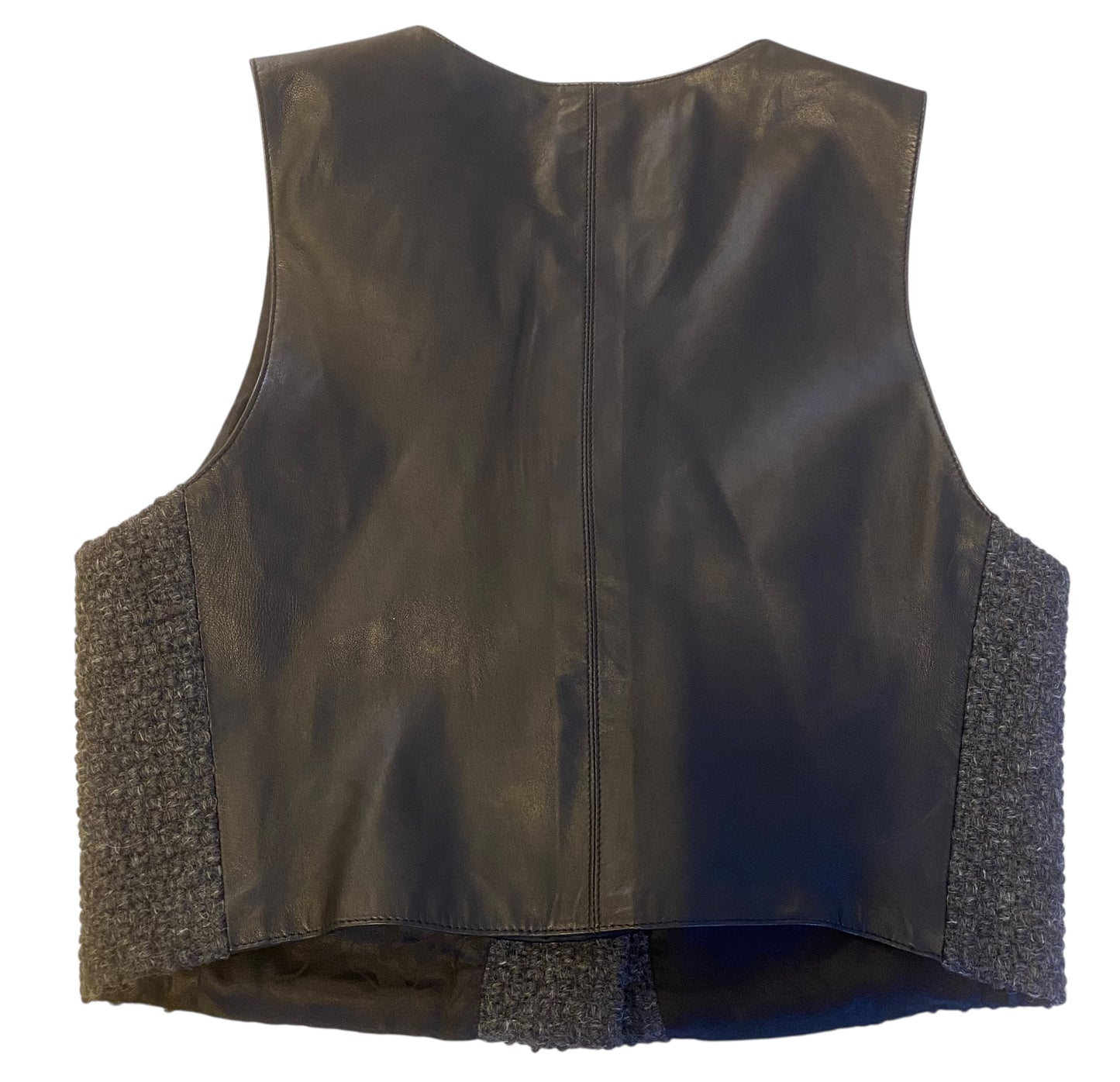 Chanel 14A Paris Dallas Grey Wool & Black Leather Vest Waistcoat FR 38