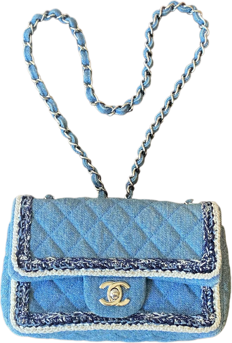 Chanel 2019 Mini Small Light Blue Denim Braided Trim Classic Flap Bag