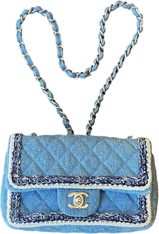 Chanel 2019 Mini Small Light Blue Denim Braided Trim Classic Flap Bag