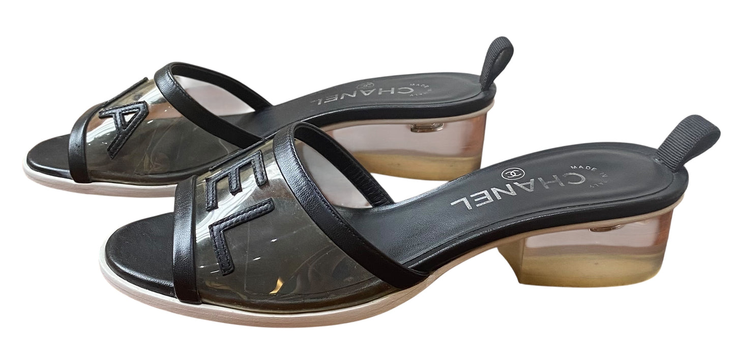 Chanel 19S Runway PVC Black Leather Letters Resin Block Heel Mule Slides EU 37.5C