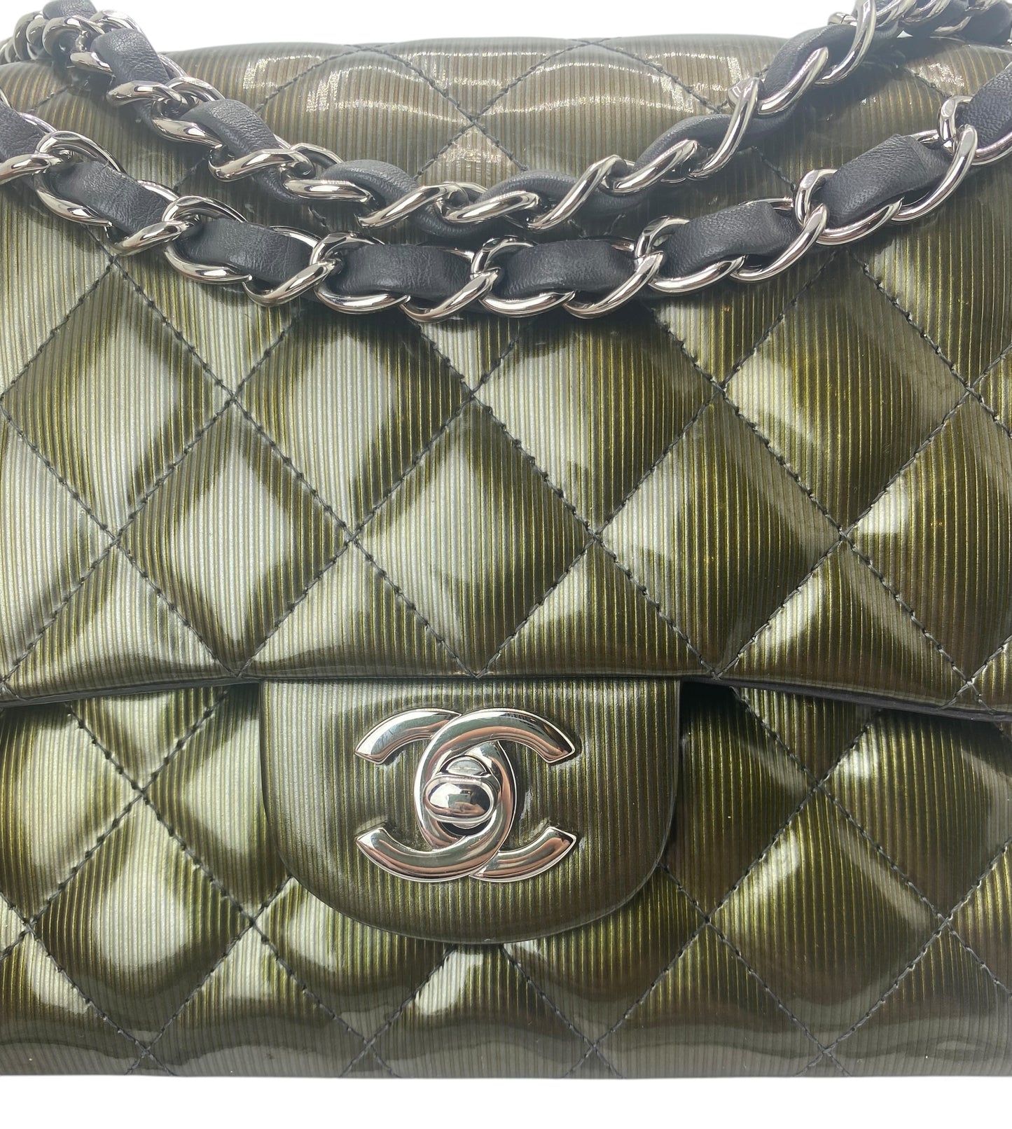 Chanel Medium Dark Green Straited Patent Leather Double Flap Timeless Classic Bag SHW