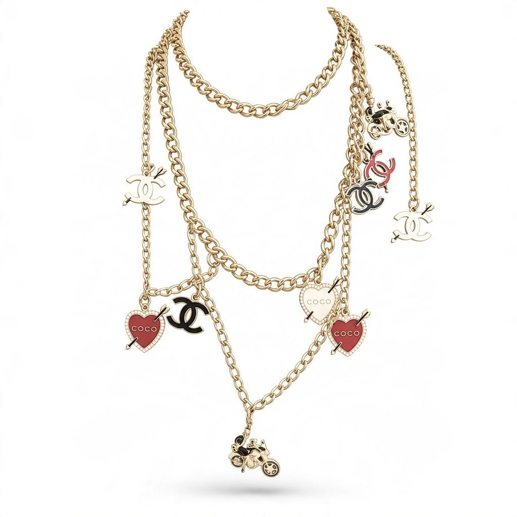 Rare Chanel 10P Coco Hearts Motorcycle Charms Chain Link Necklace/Belt GHW
